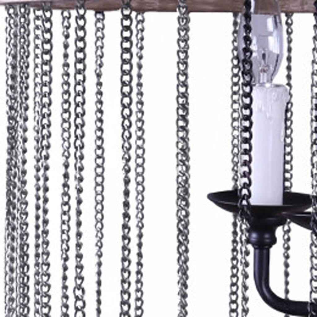 Black And Natural Wood and Metal Cylinder Six Light Dimmable Chandelier