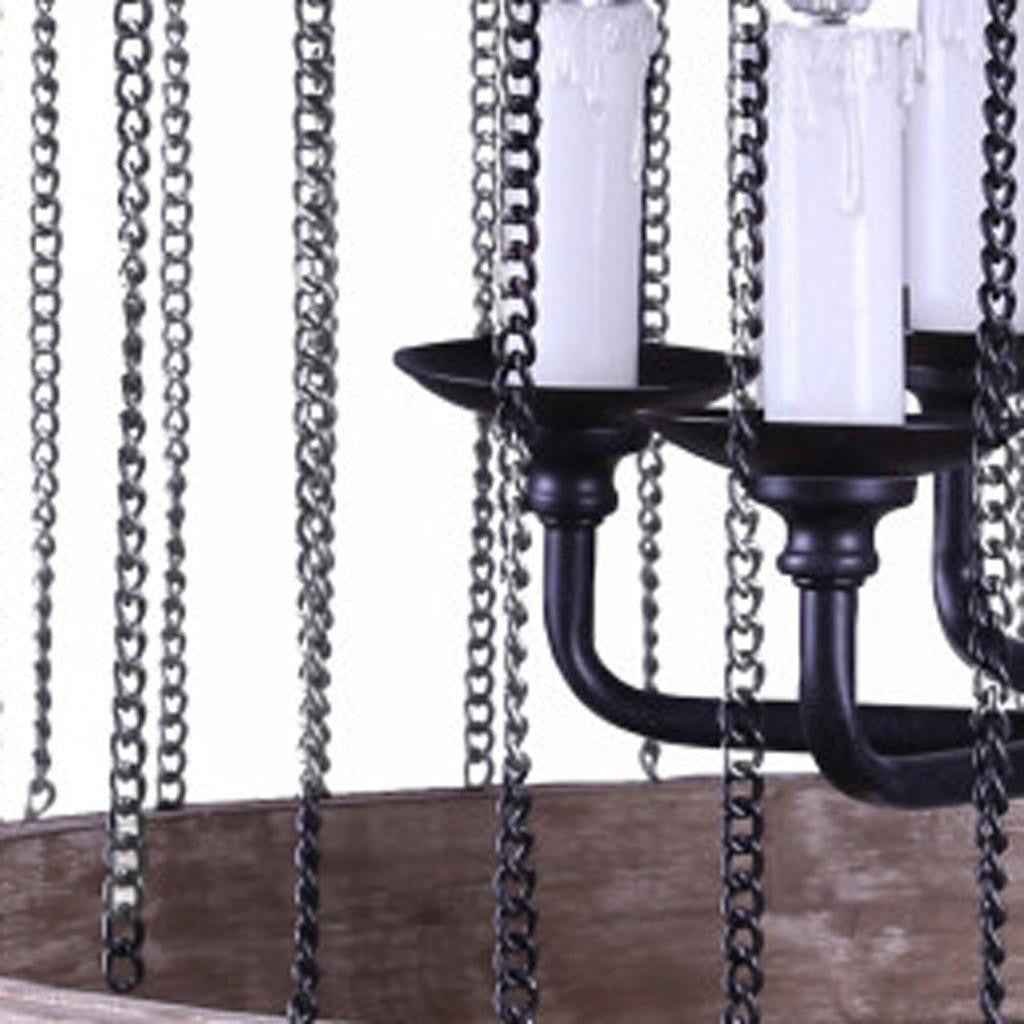 Black And Natural Wood and Metal Cylinder Six Light Dimmable Chandelier
