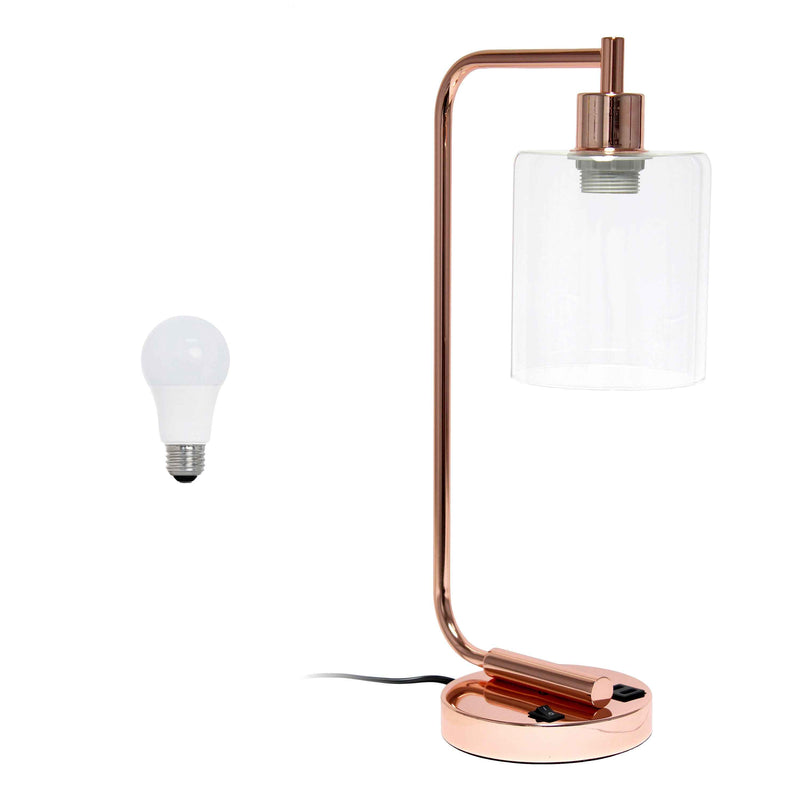19" Rose Gold Iron Lantern USB Table Lamp LED With Clear Cylinder Shade