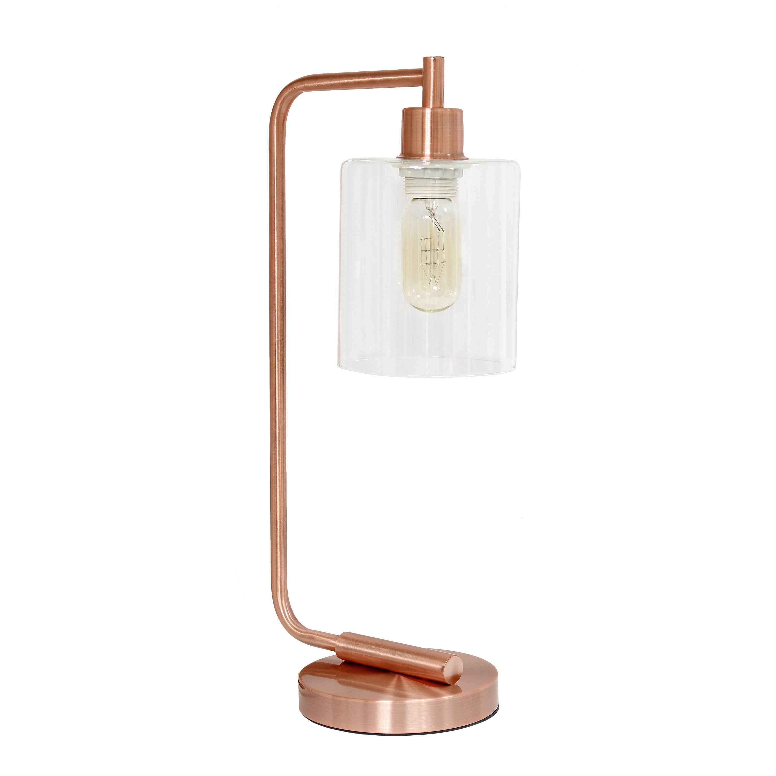 19" Rose Gold Metal Lantern Table Lamp With Clear Cylinder Shade