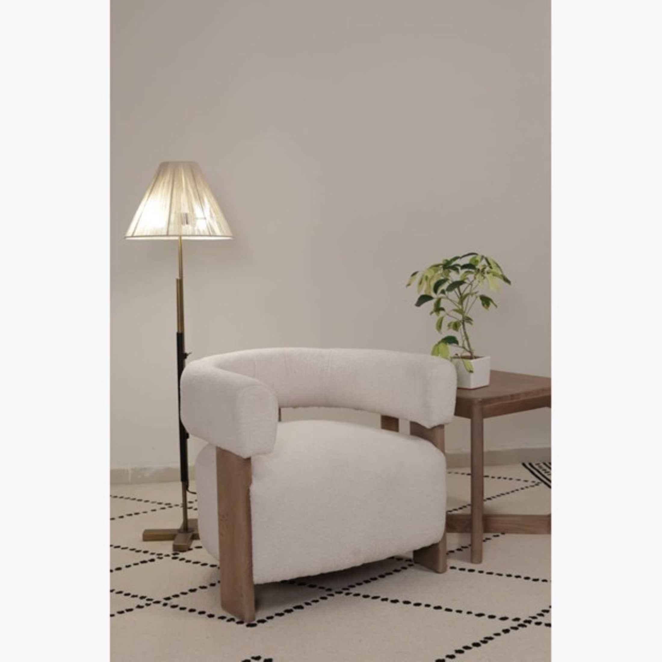 31" White and Brown Boucle and Solid Wood Arm Chair