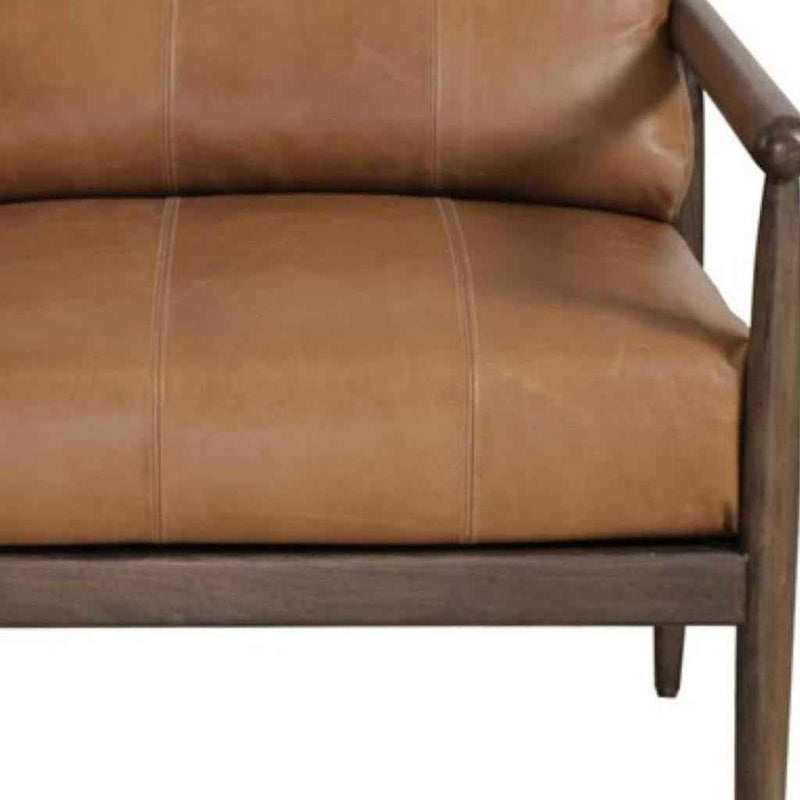 28" Brown Genuine Leather and Solid Wood Arm Chair