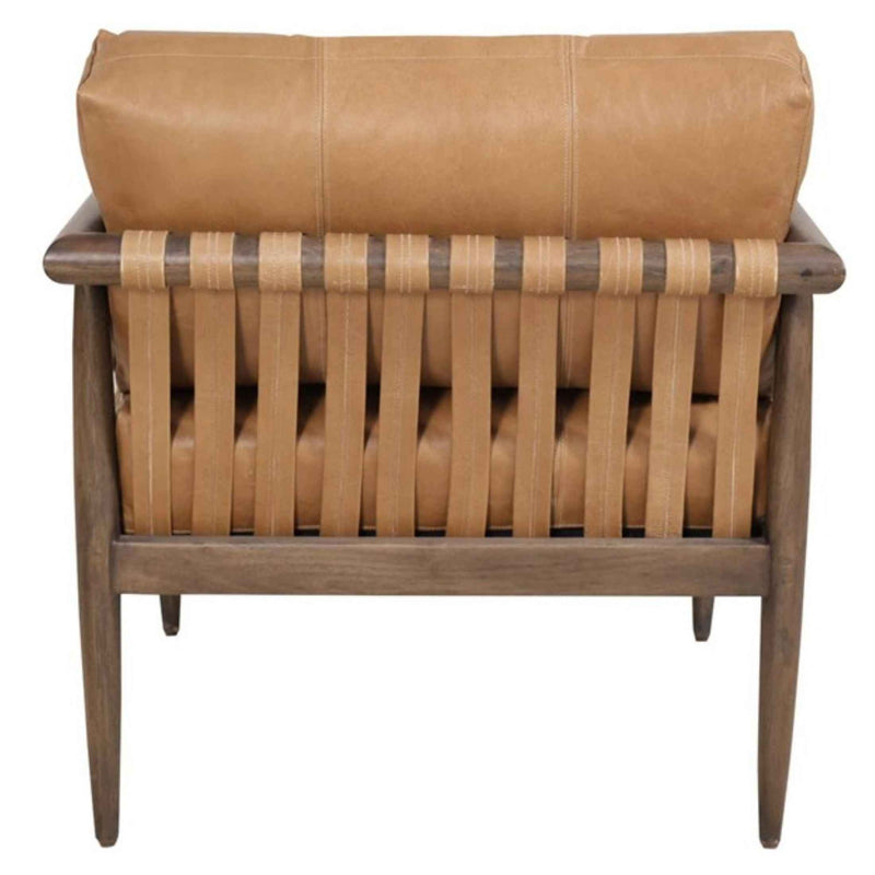 28" Brown Genuine Leather and Solid Wood Arm Chair