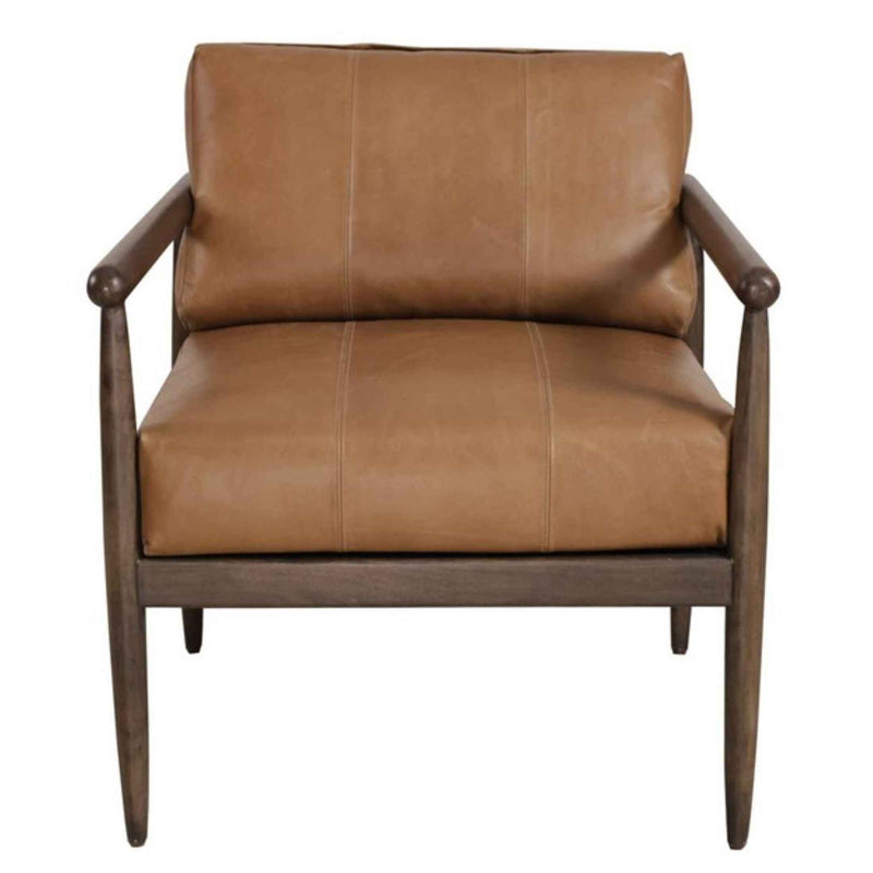 28" Brown Genuine Leather and Solid Wood Arm Chair