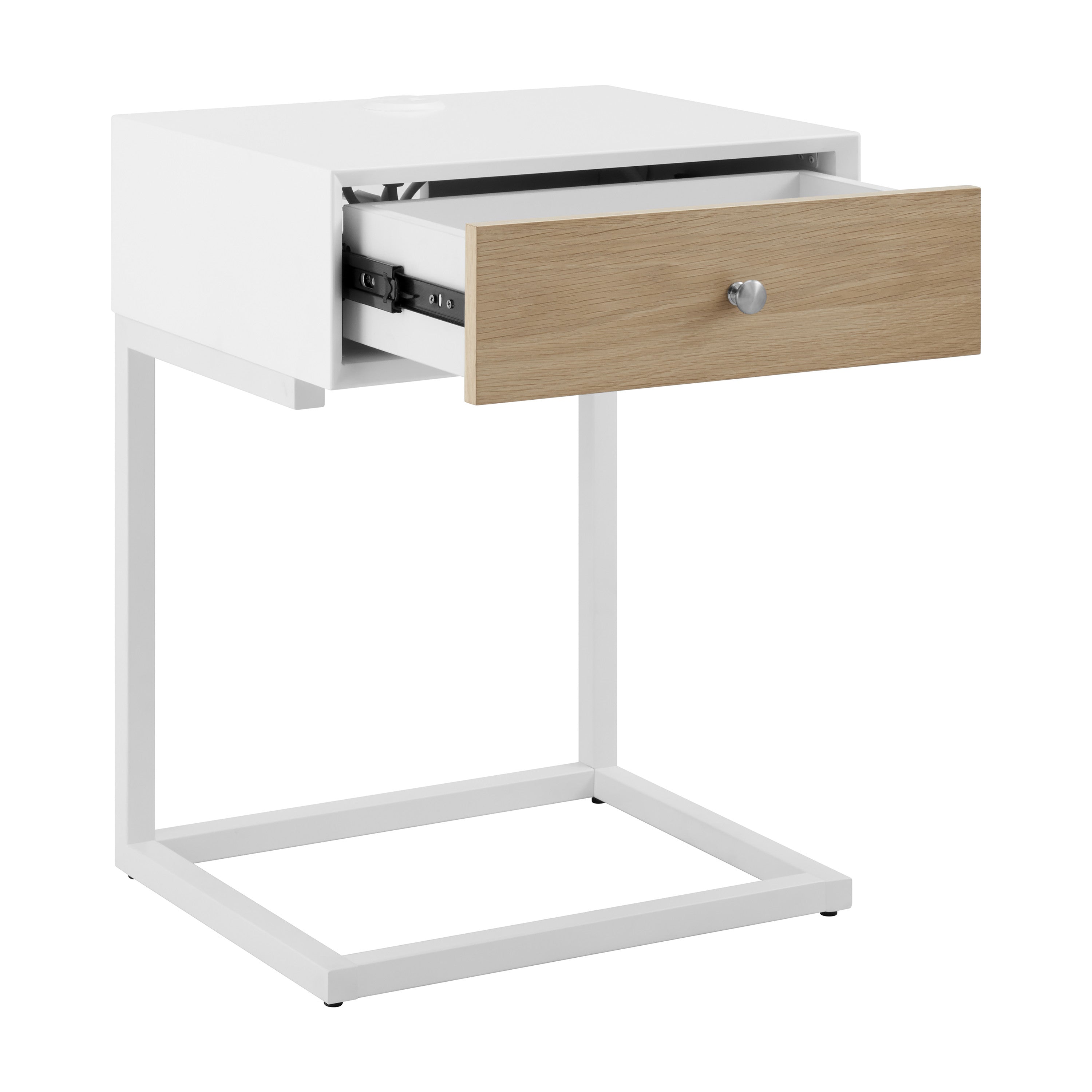 25" White Wood and Steel Frame End Table With Drawer And USB Port - GreatEagleInc