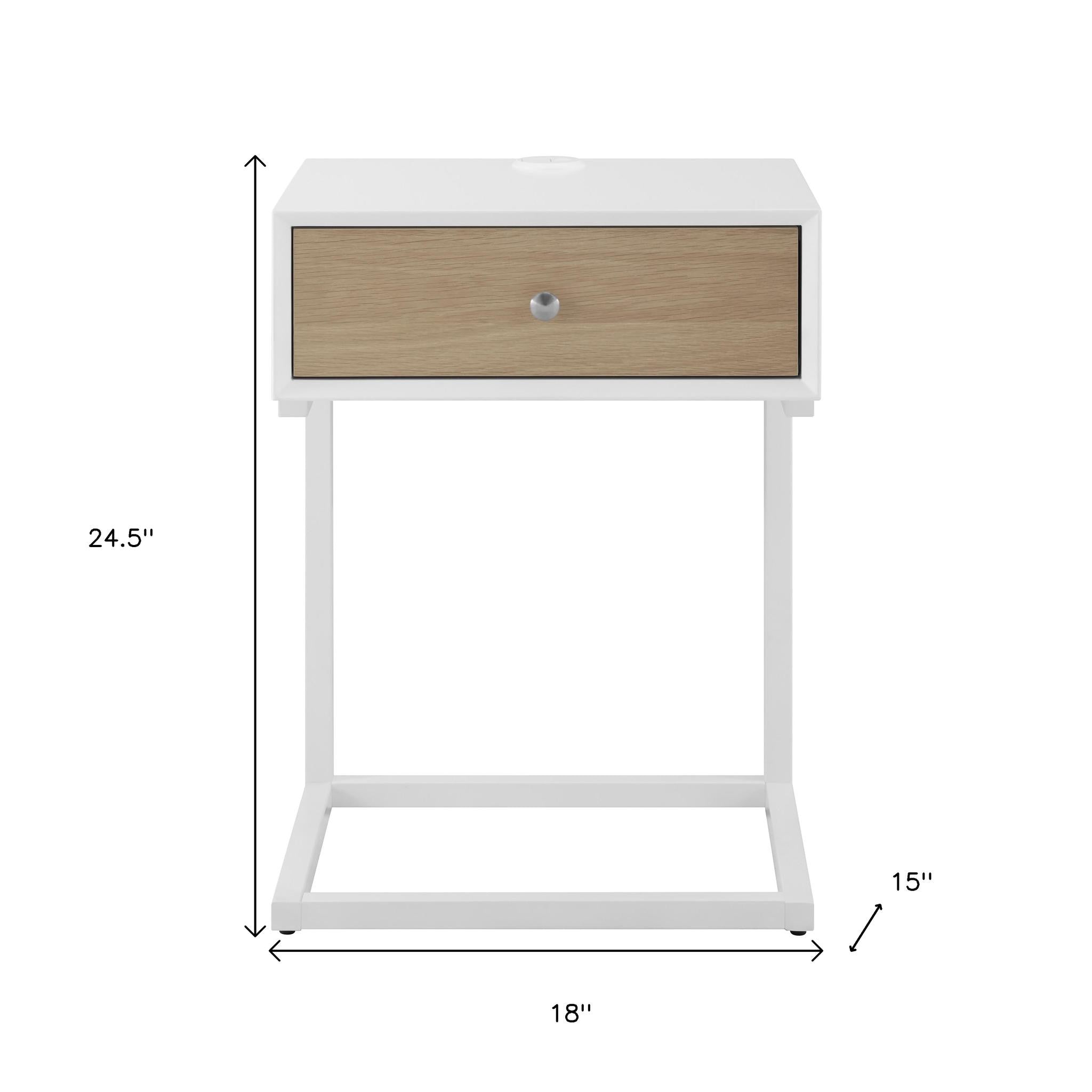 25" White Wood and Steel Frame End Table With Drawer And USB Port - GreatEagleInc