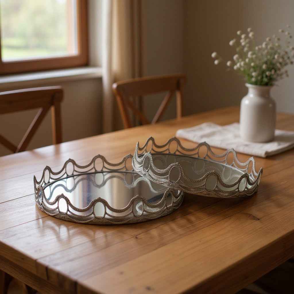 Set of Two Gold Round Ornate Framed Accent Mirrors