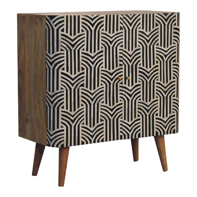 32" Dark Brown Black and White Solid Wood And Inlaid Bone Textured Accent Cabinet With Two Doors