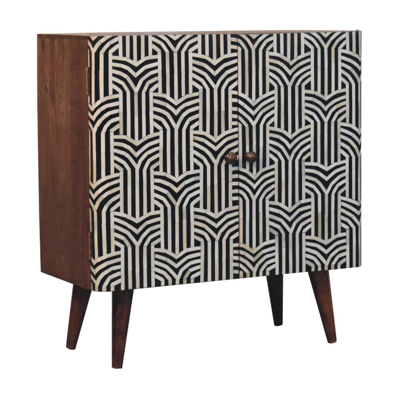 32" Brown Black and White Solid Wood And Inlaid Bone Textured Accent Cabinet With Two Doors
