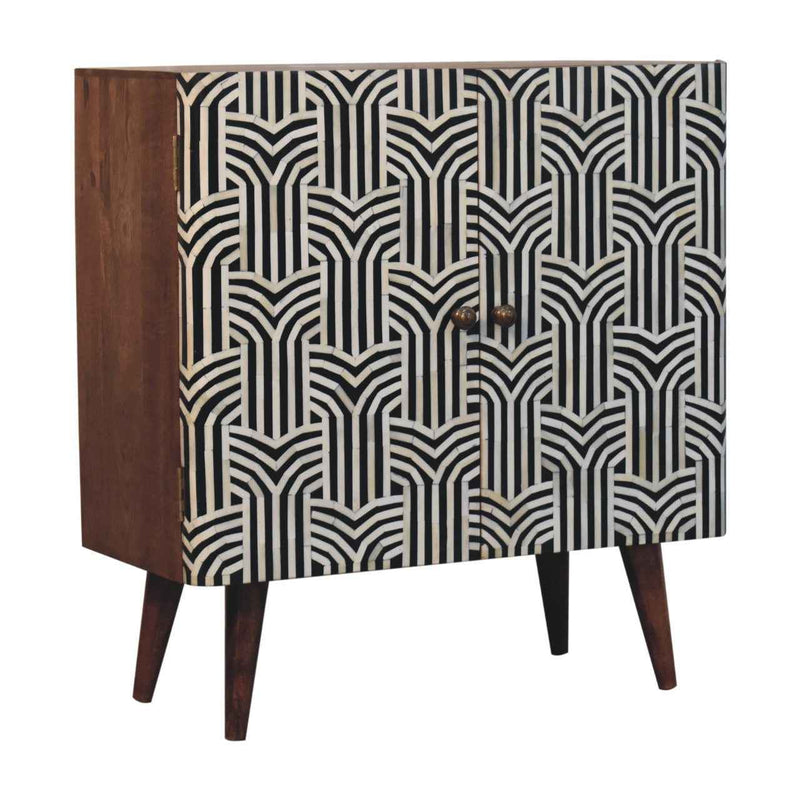 32" Brown Black and White Solid Wood And Inlaid Bone Textured Accent Cabinet With Two Doors