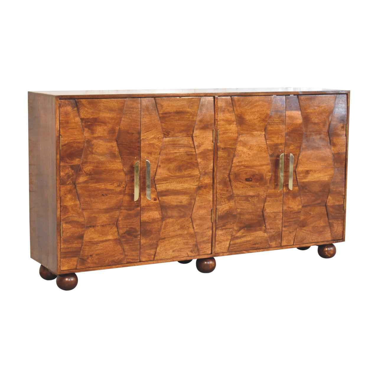36" Chestnut Solid Wood Carved Geometric Accent Cabinet With Four Doors