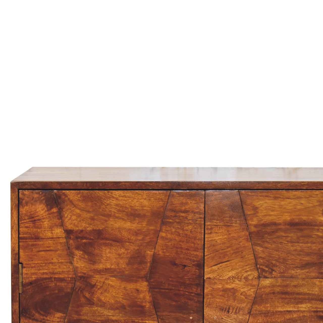 36" Chestnut Solid Wood Carved Geometric Accent Cabinet With Four Doors