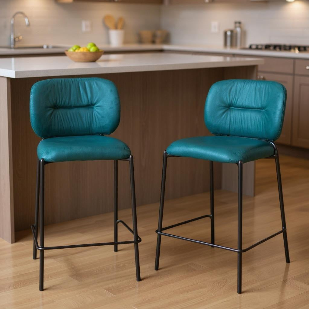 Set of Two 25" Green And Black Velvet And Steel Counter Height Bar Chairs - Living Room