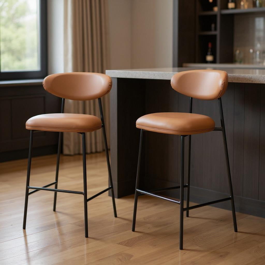 Set of Two 29" Brown And Black Faux Leather And Steel Low Back Bar Height Bar Chairs - Living Room