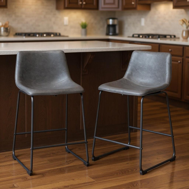 Set of Two 24" Charcoal and Black Faux Leather and Steel Counter Height Bar Chairs