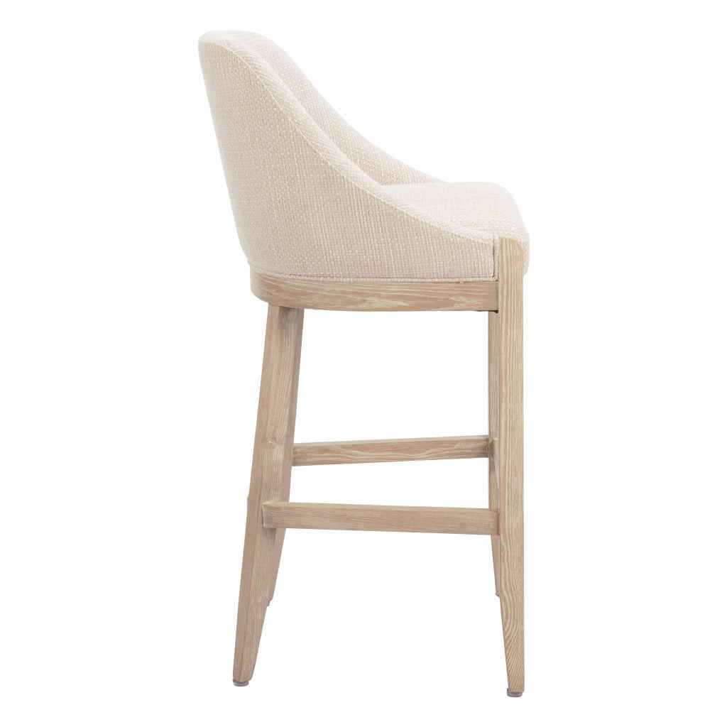 31" Beige and Natural Fabric and Solid Wood Bar Height Bar Chair