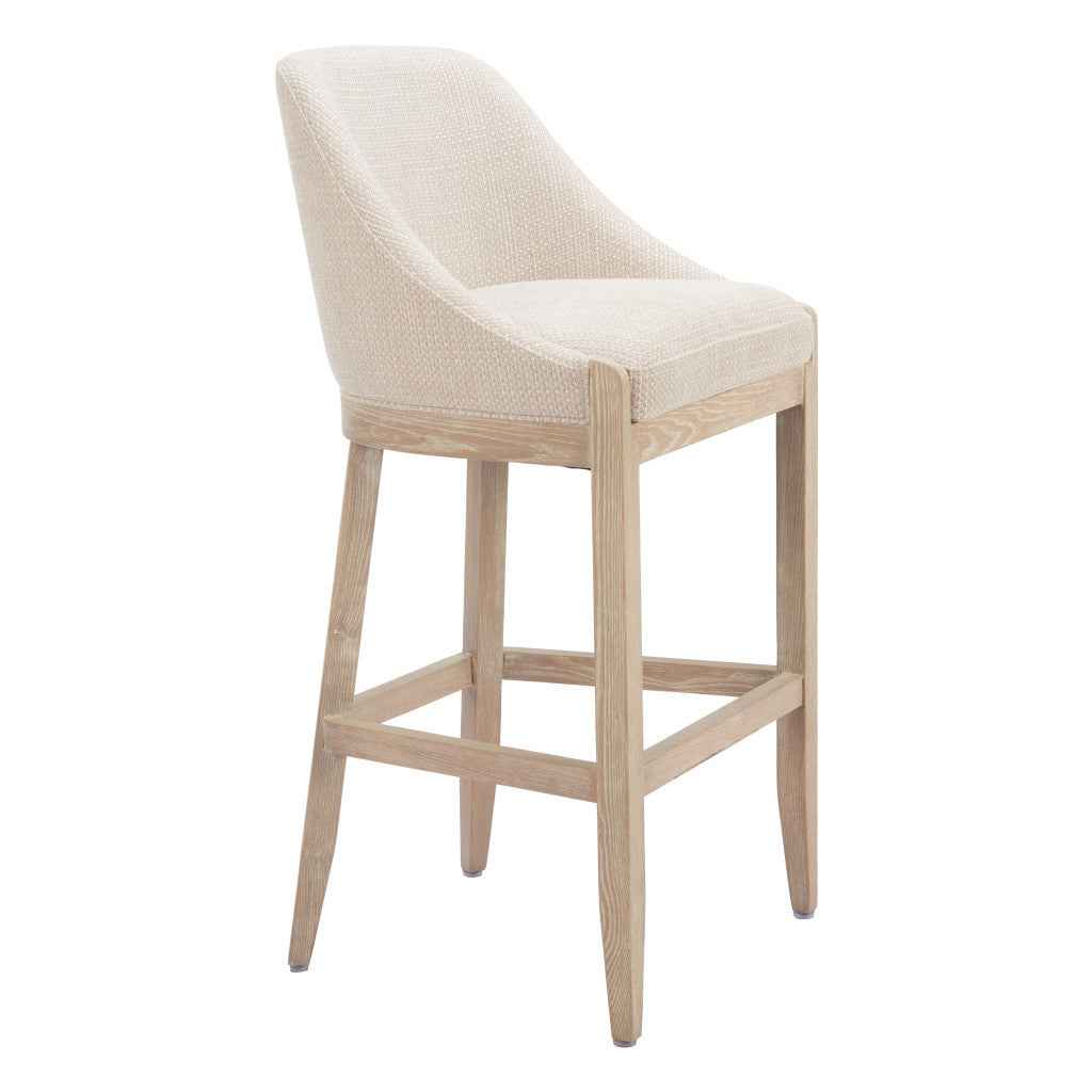 31" Beige and Natural Fabric and Solid Wood Bar Height Bar Chair