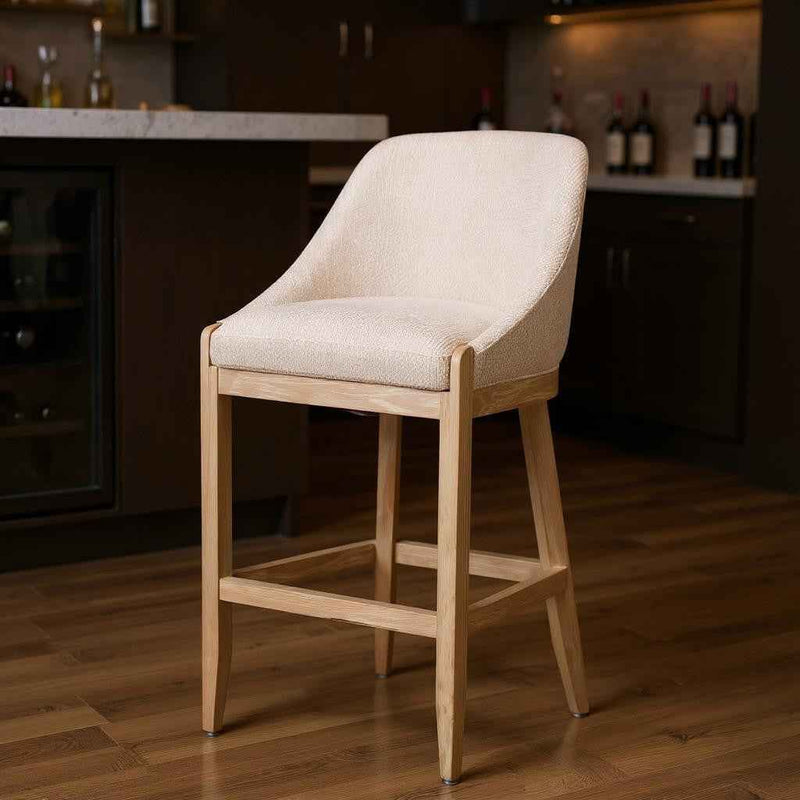 31" Beige and Natural Fabric and Solid Wood Bar Height Bar Chair