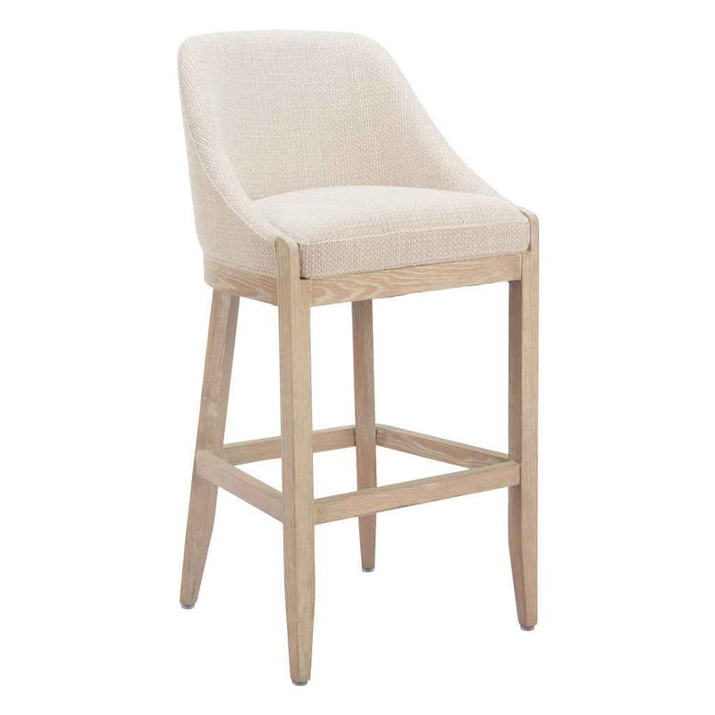 31" Beige and Natural Fabric and Solid Wood Bar Height Bar Chair