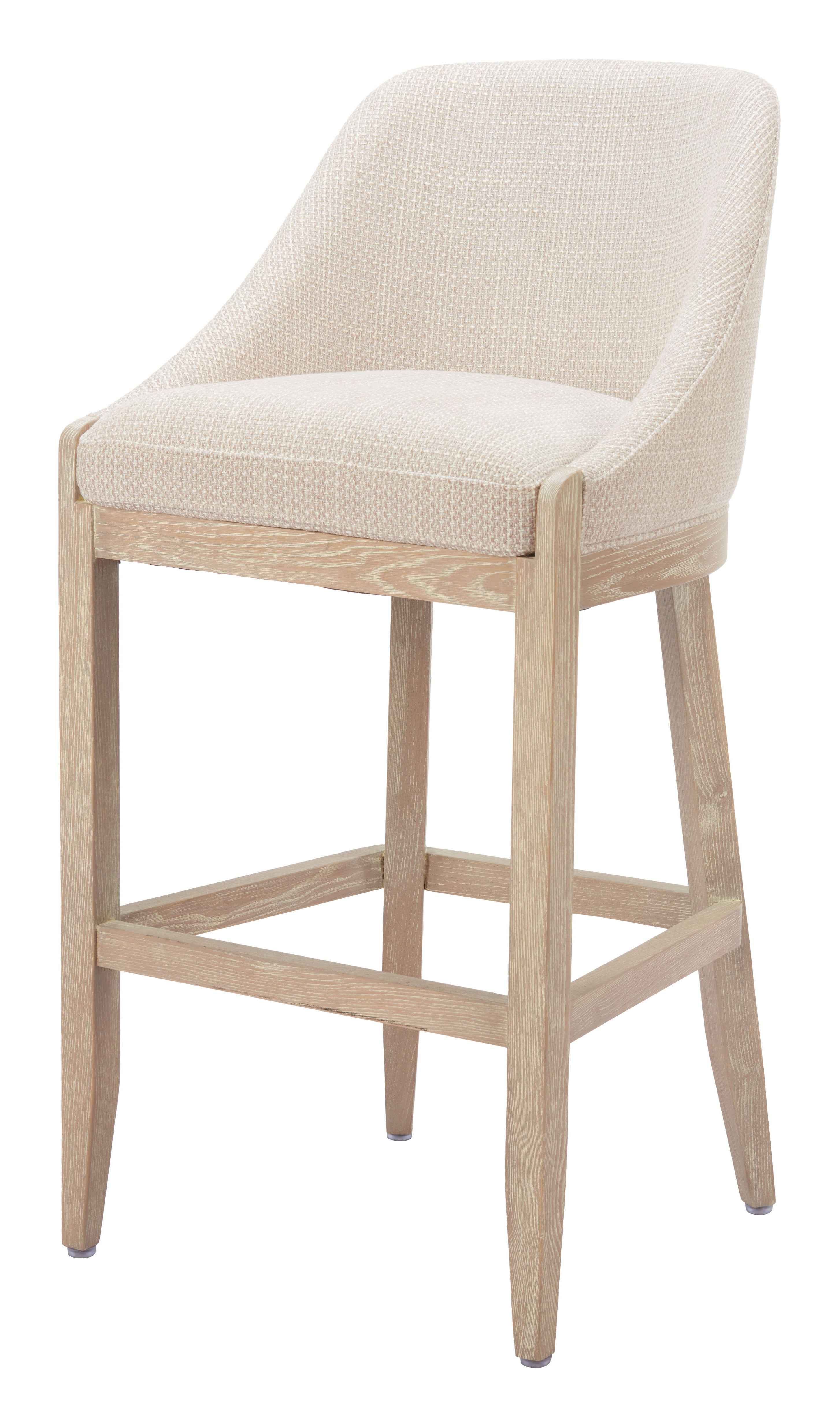31" Beige and Natural Fabric and Solid Wood Bar Height Bar Chair