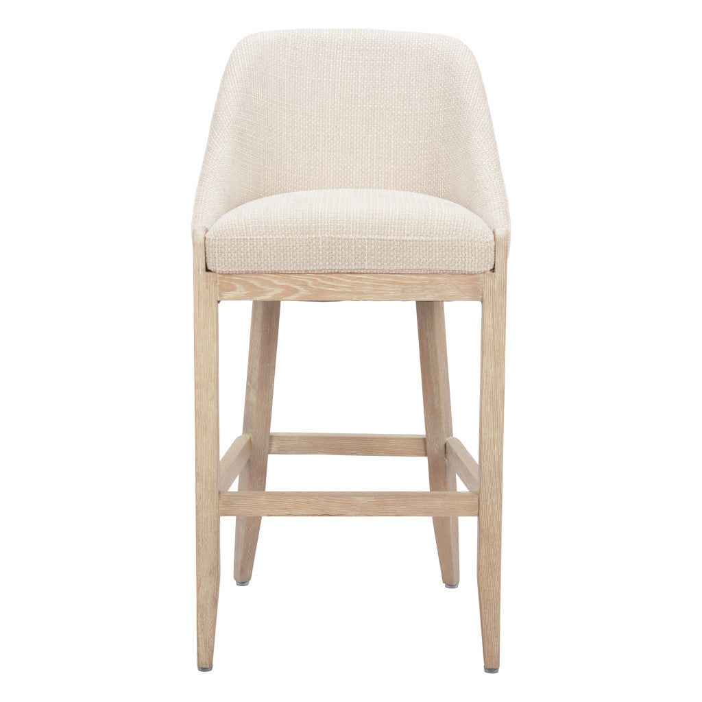 31" Beige and Natural Fabric and Solid Wood Bar Height Bar Chair