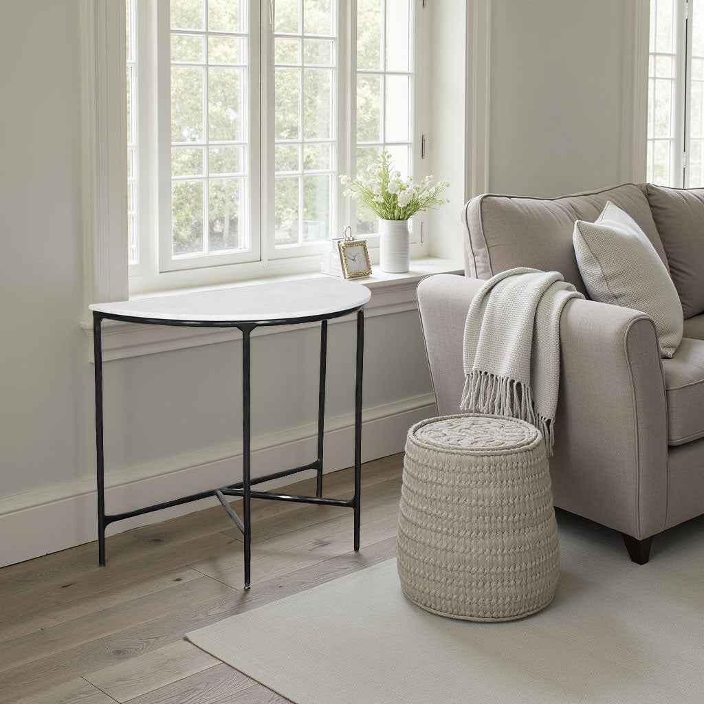 36" White and Black Genuine Marble and Iron Half Moon Console Table