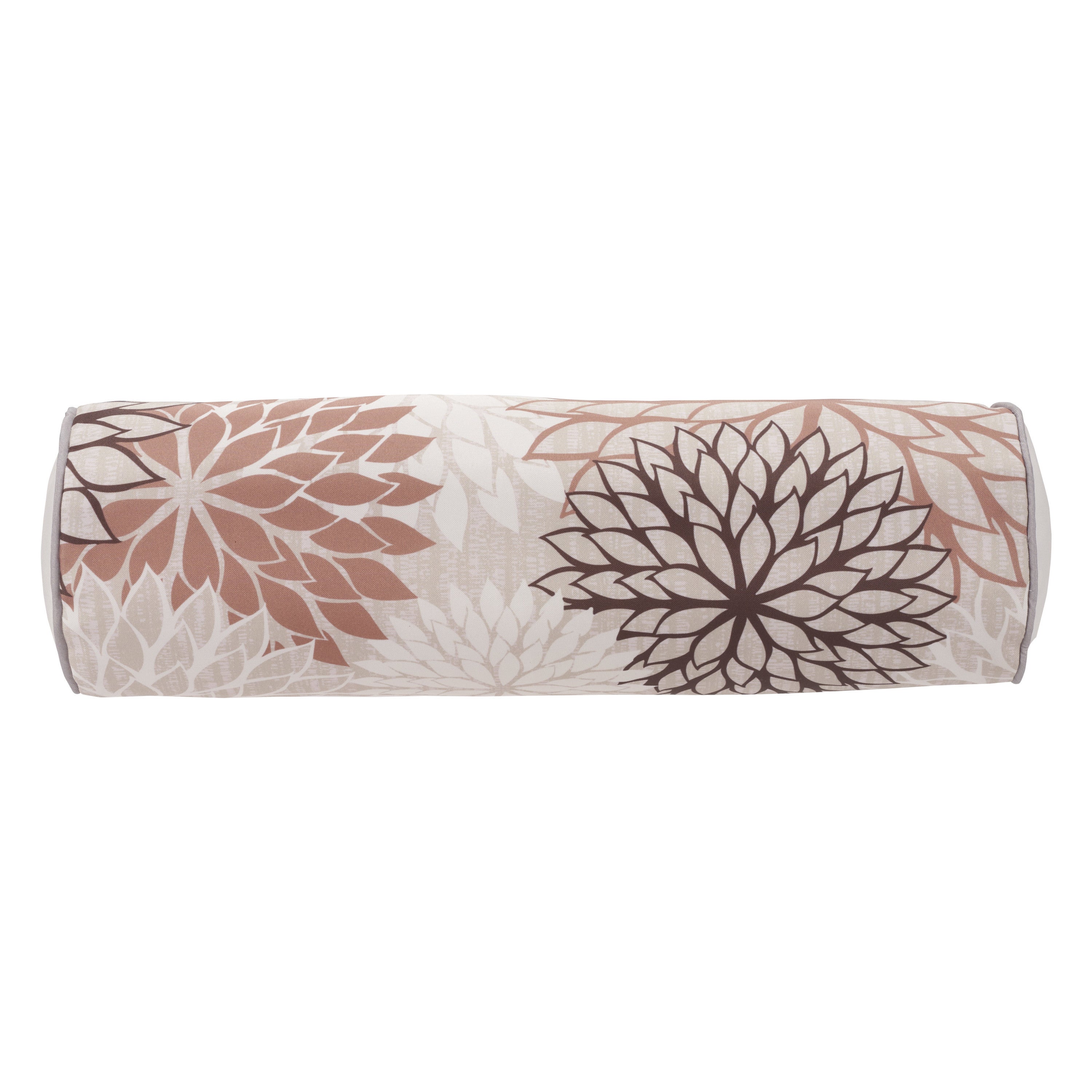 Floral bolster throw pillow with rounded ends; beige base with brown and ivory flower print.