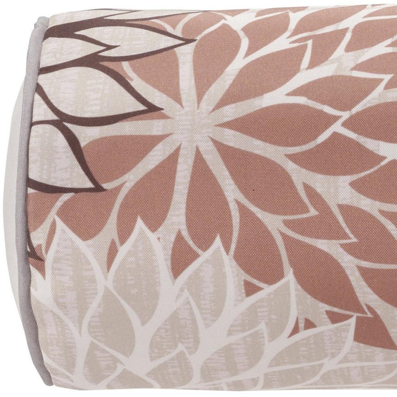 Floral bolster throw pillow close-up; beige base with brown and ivory floral leaf pattern.