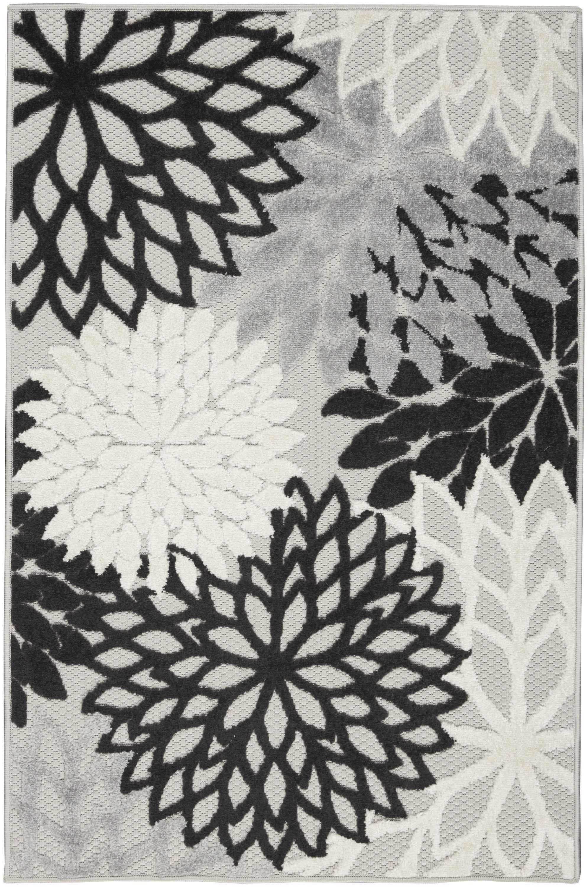 3' X 5' Black And White Floral Power Loom Area Rug