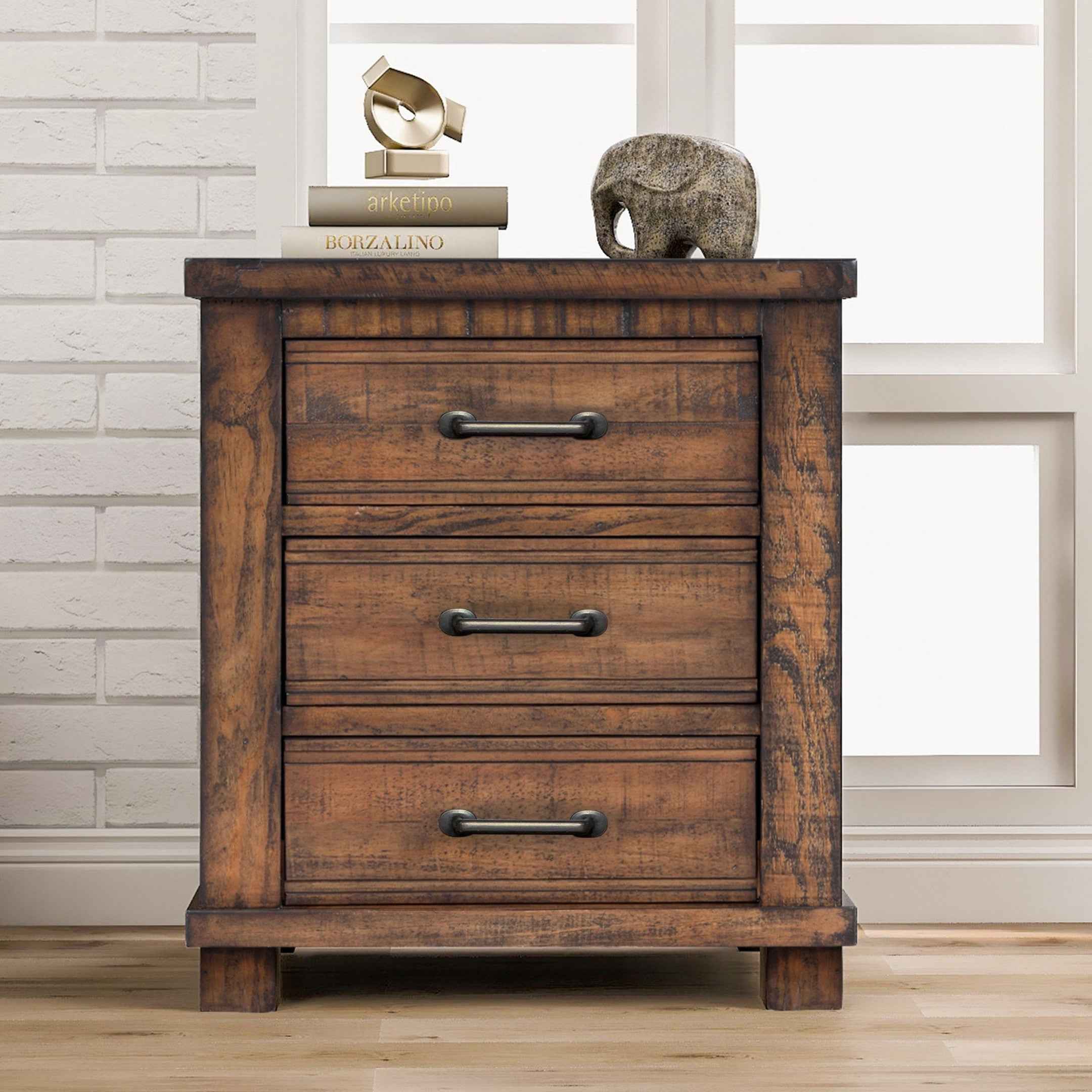 26" Walnut Wood Distressed Three Drawer Nightstand