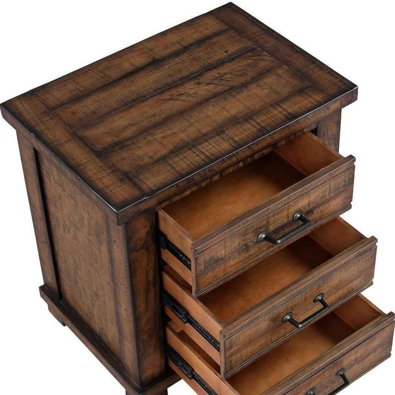 26" Walnut Wood Distressed Three Drawer Nightstand