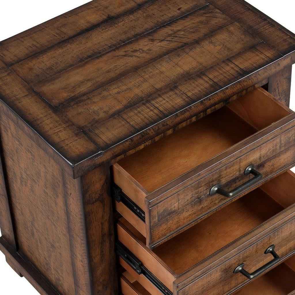 26" Walnut Wood Distressed Three Drawer Nightstand