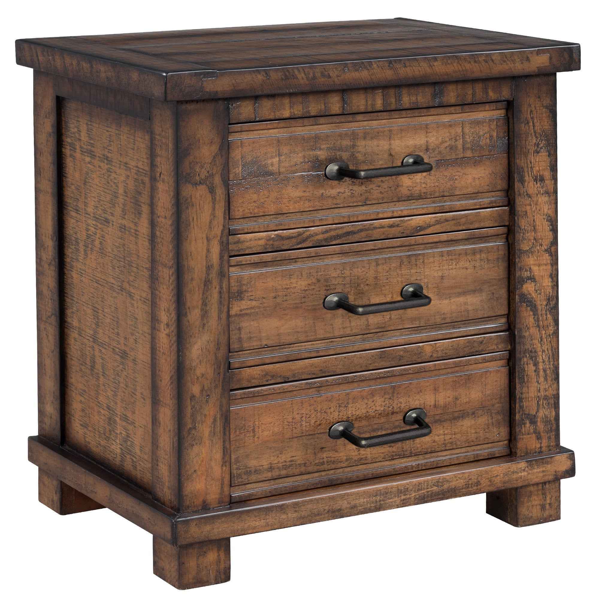 26" Walnut Wood Distressed Three Drawer Nightstand