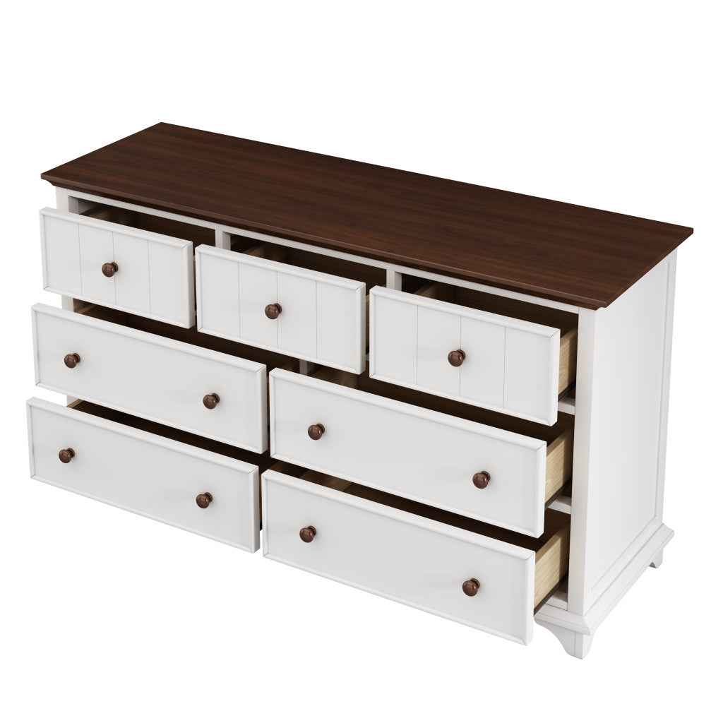 61" White And Walnut Wood Seven Drawer Captains Dresser