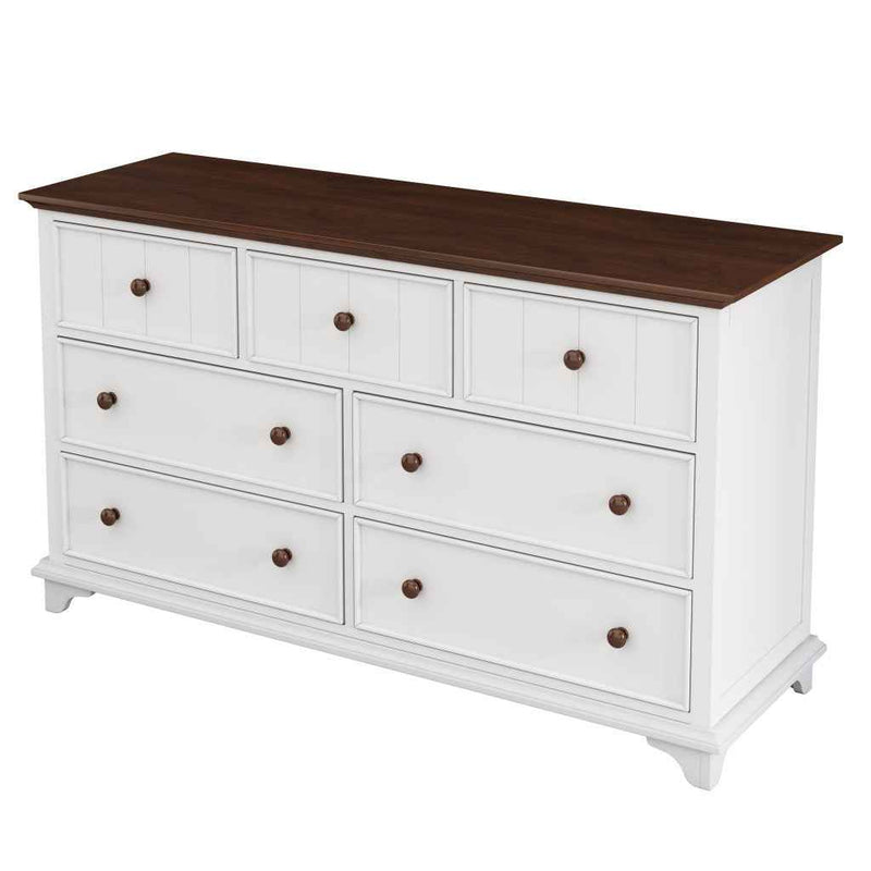 61" White And Walnut Wood Seven Drawer Captains Dresser