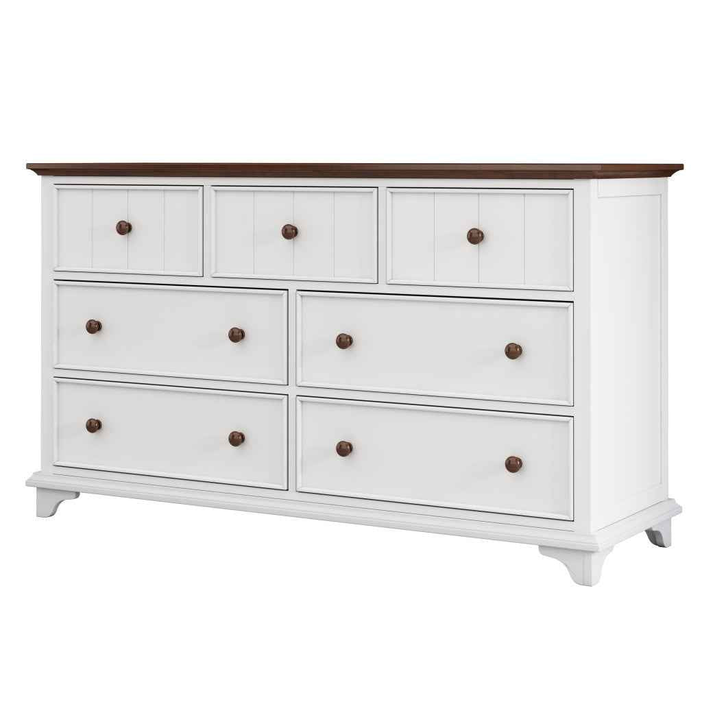 61" White And Walnut Wood Seven Drawer Captains Dresser