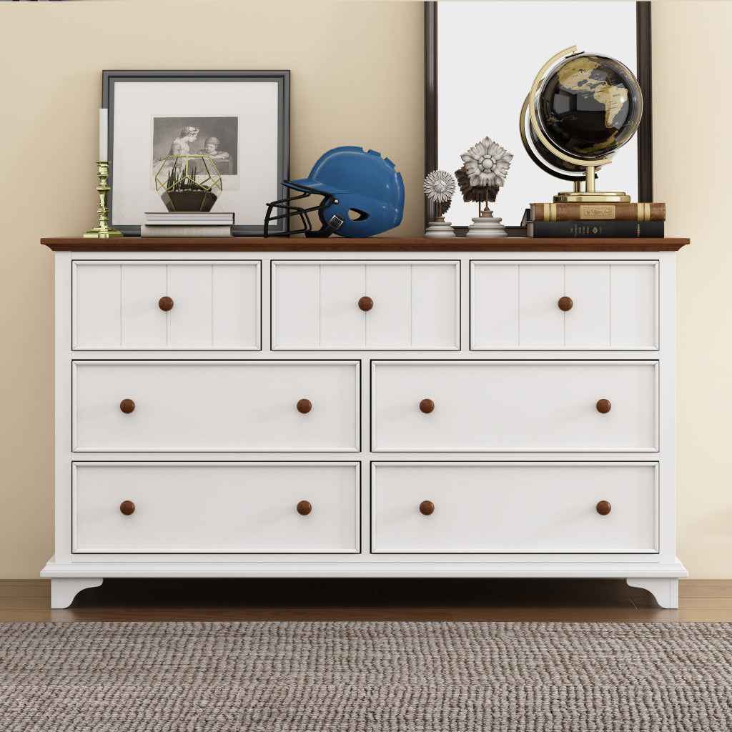 61" White And Walnut Wood Seven Drawer Captains Dresser