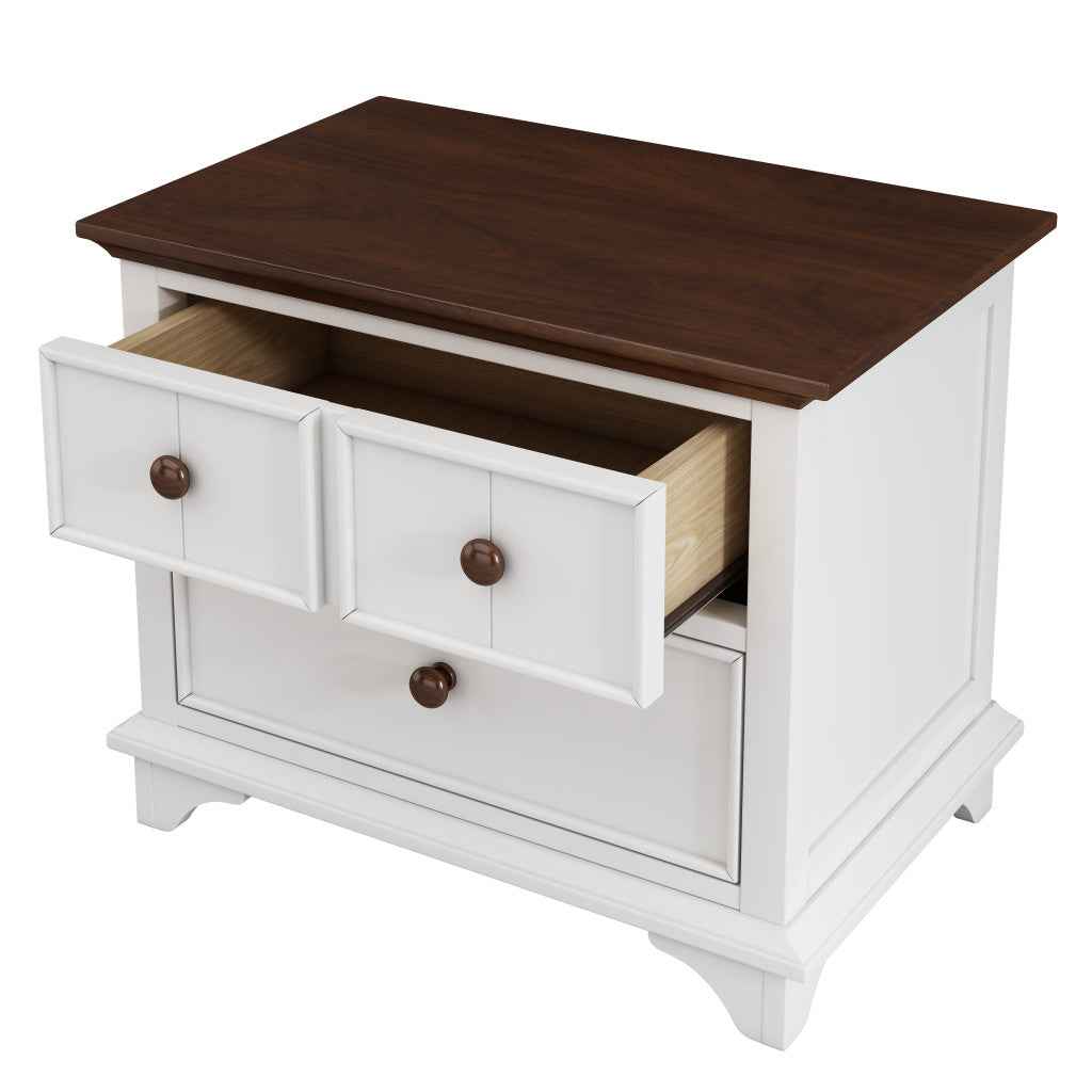 28" White And Walnut Brown Wood Two Drawer Nightstand