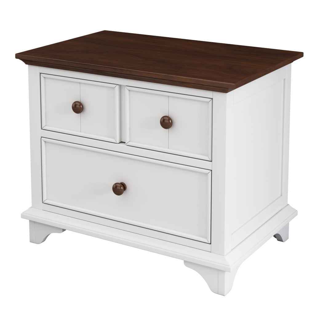 28" White And Walnut Brown Wood Two Drawer Nightstand