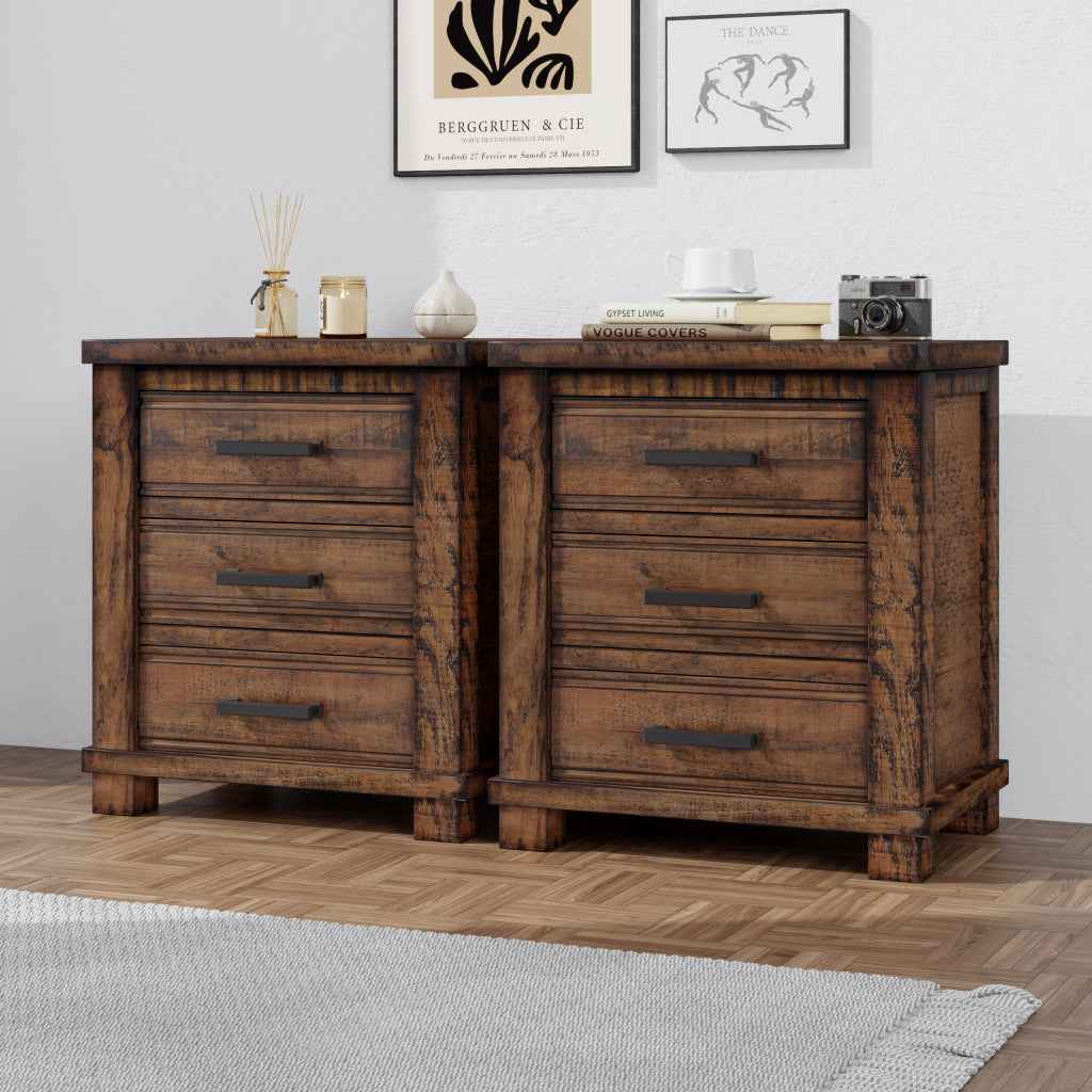 Set of Two 26" Walnut Solid Wood Distressed Three Drawer Nightstand