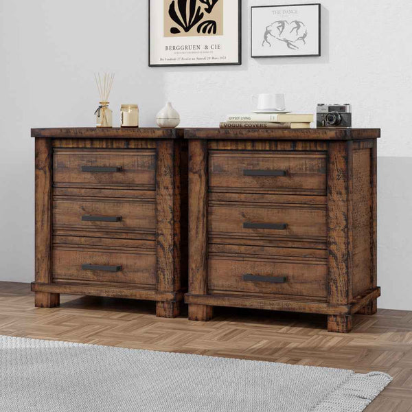 Set of Two 26" Walnut Solid Wood Distressed Three Drawer Nightstand