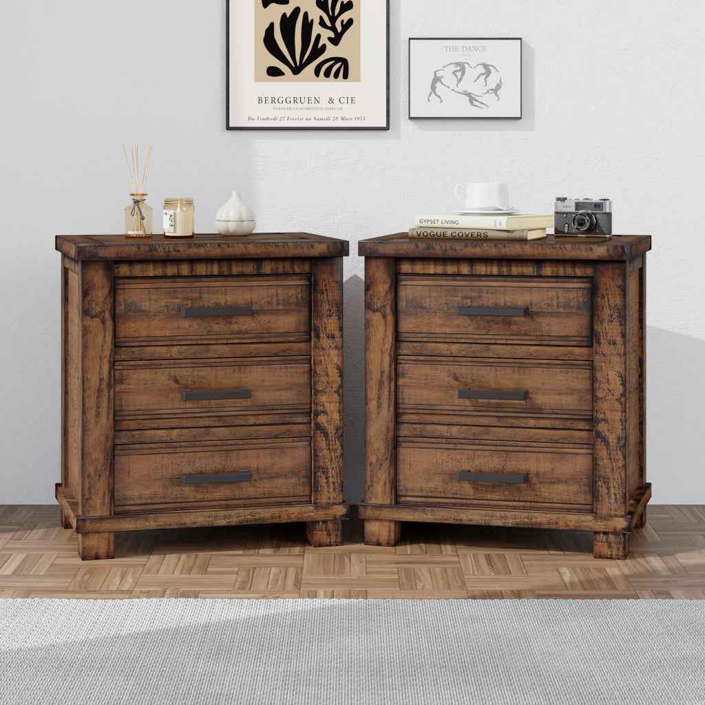Set of Two 26" Walnut Solid Wood Distressed Three Drawer Nightstand