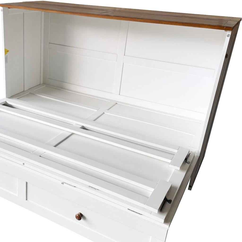 White Wood Queen Murphy Bed With USB And Drawer