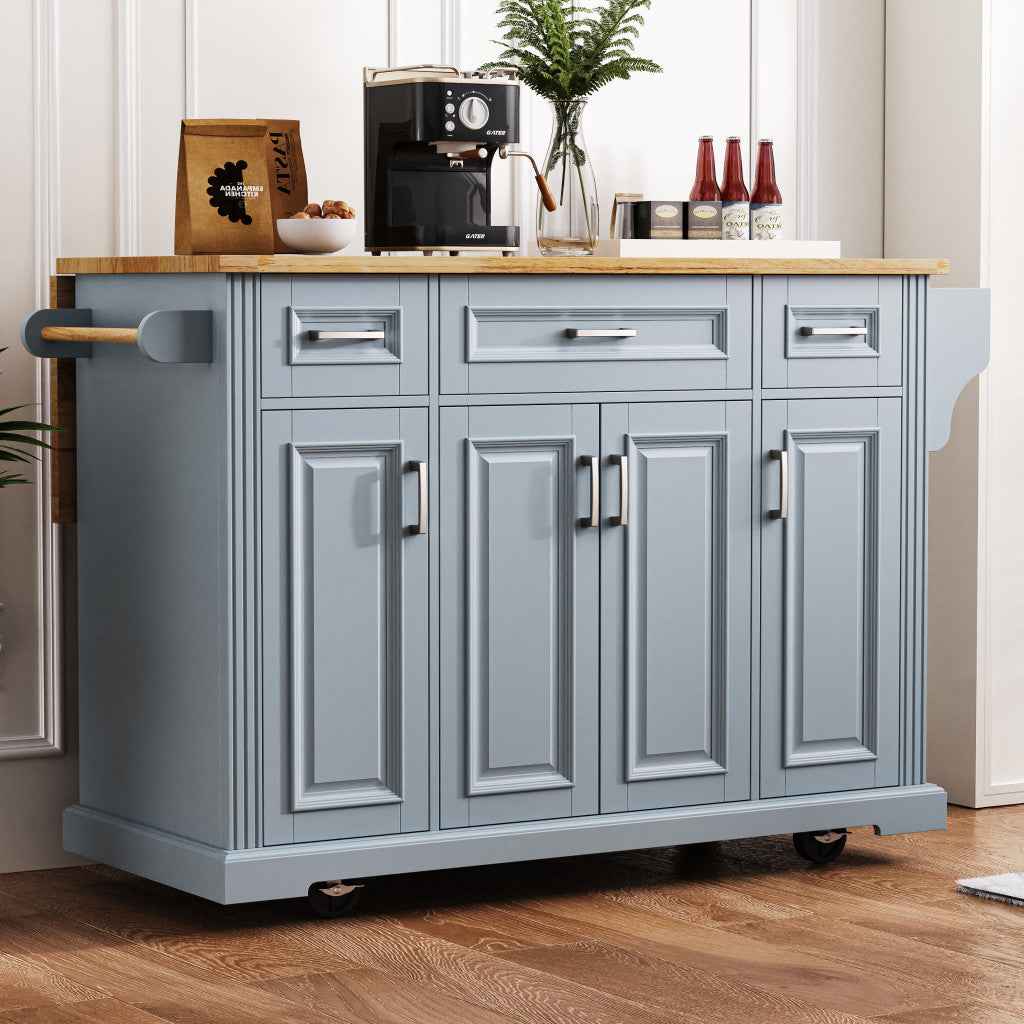 54" Light Blue Wood Rolling Kitchen Island With Storage