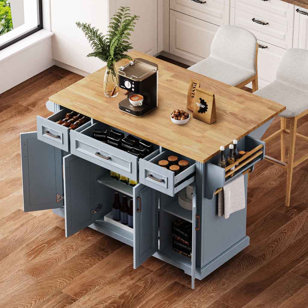 54" Light Blue Wood Rolling Kitchen Island With Storage