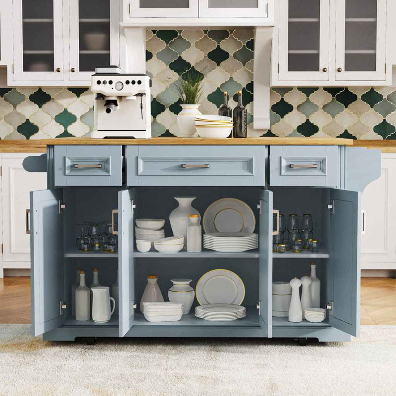 54" Light Blue Wood Rolling Kitchen Island With Storage