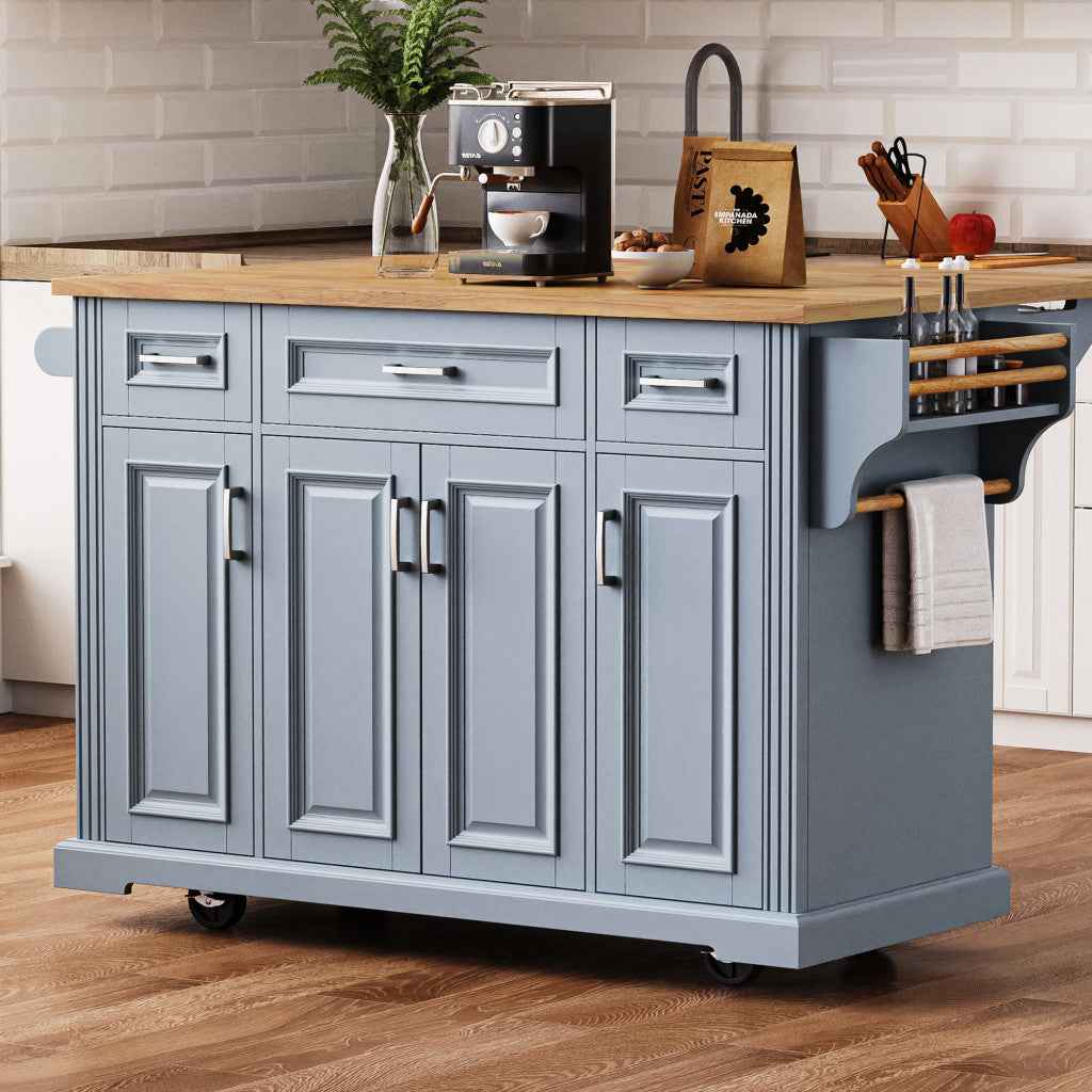 54" Light Blue Wood Rolling Kitchen Island With Storage