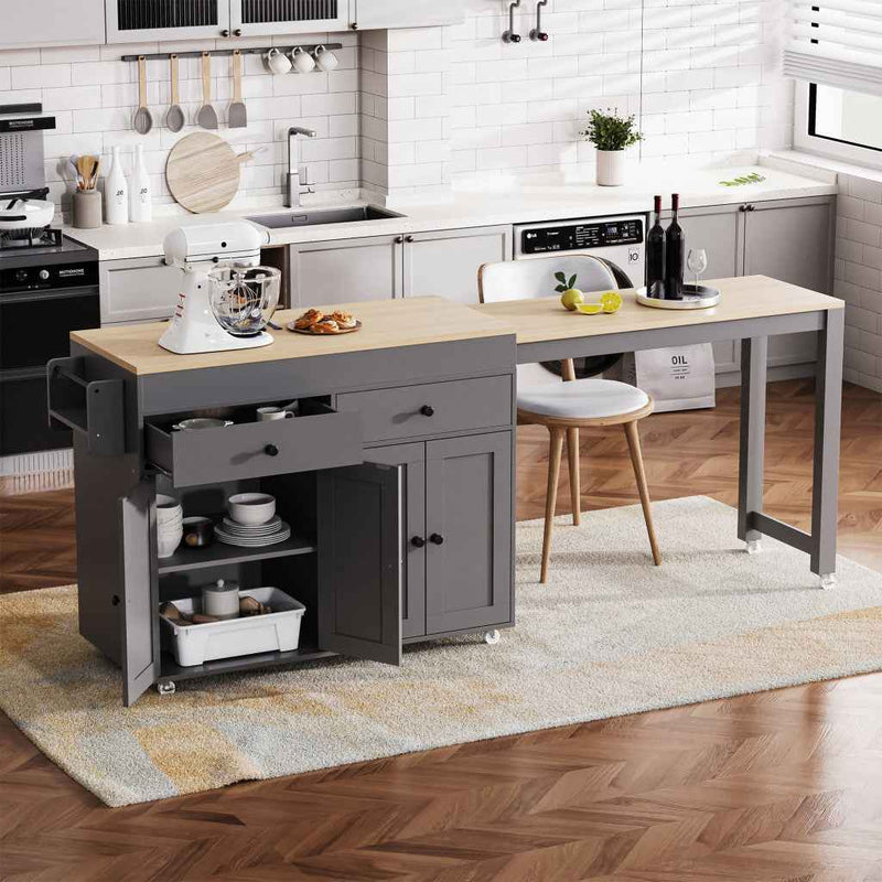 51" Gray Wood Rolling Kitchen Island