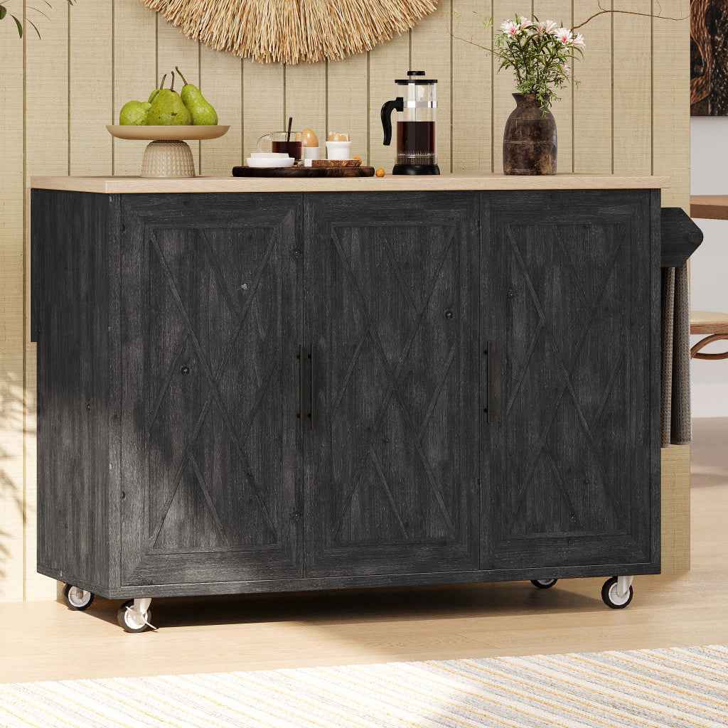 51" Black Wood Rolling Kitchen Island
