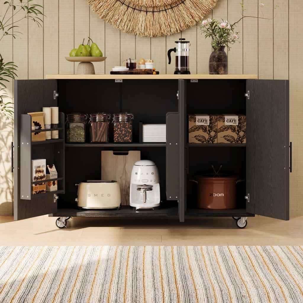 51" Black Wood Rolling Kitchen Island